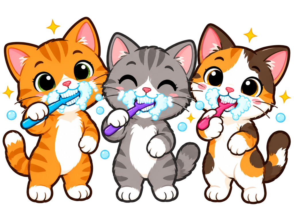 Three kittens brushing their teeth
